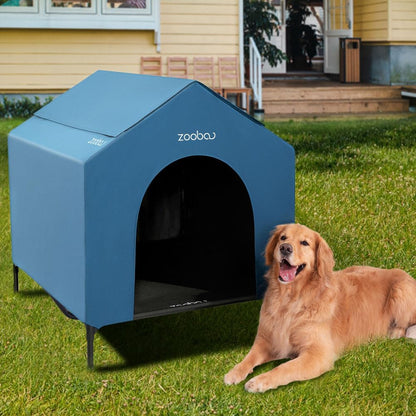 42" 2-in-1 Dog House for Medium Dogs, Elevted Dog House Outdoor/Indoor, Puppy Shelter Outside,Water Resistant 600D PVC and Durable 2x1 Textilene Raised Dog Bed(Blue)