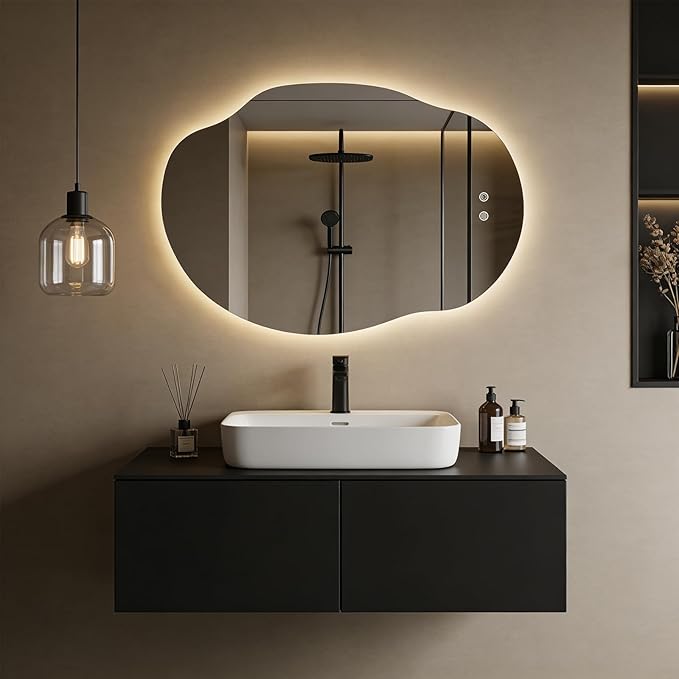 LED Bathroom Mirror with Lights, Asymmetrical Irregular Backlit Vanity Mirror
