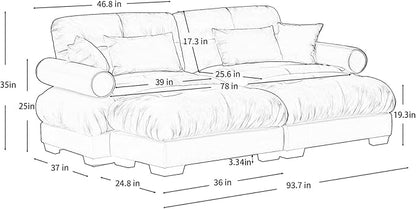 93.7” Oversized Grey Velvet Loveseat Sofa, Deep Seat 2-Seater Modular Sectional Couches for Living Room with 2 Ottoman, Cloud Home Sofas Set, Love Seat Couches