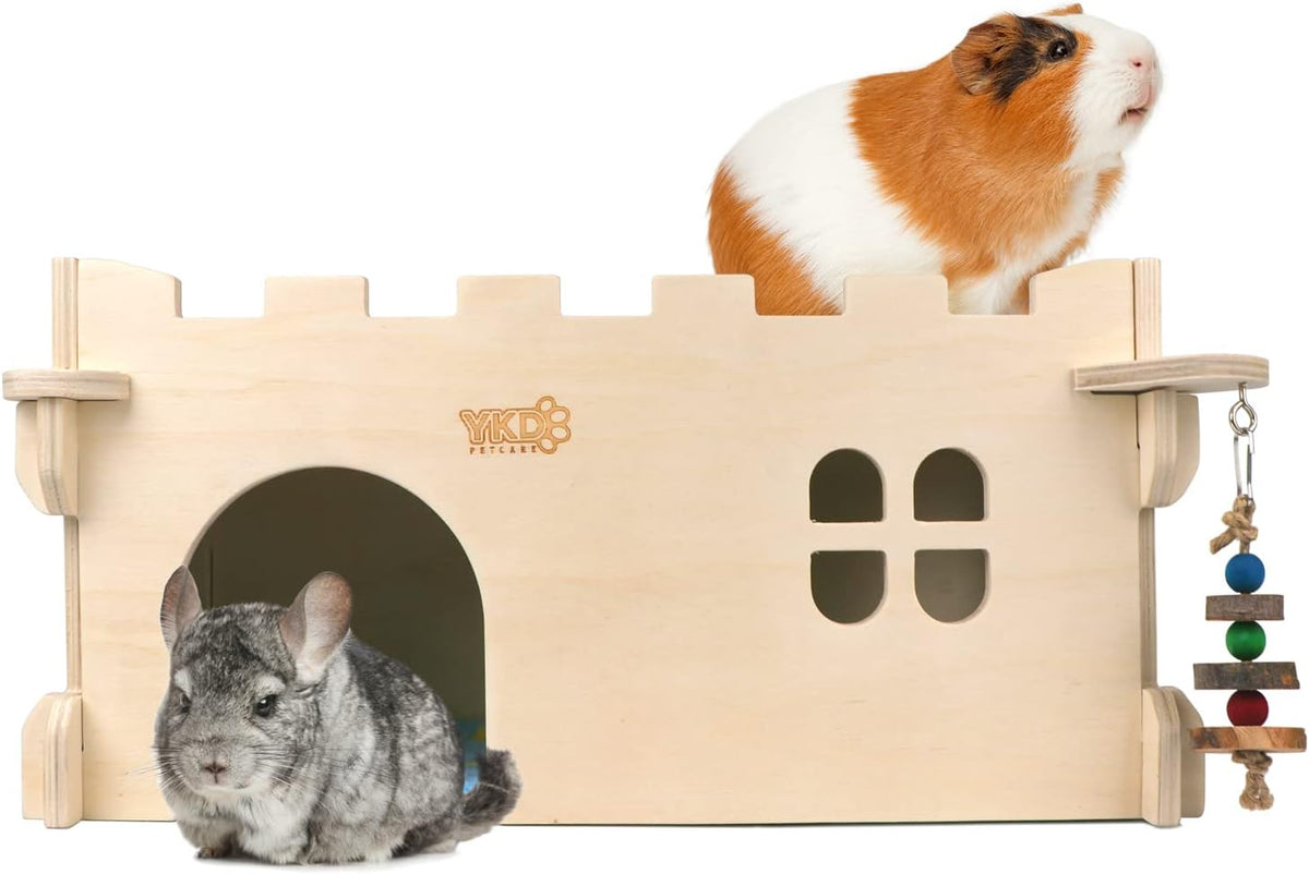 Castle Chinchilla House - Small Animal Hideout for Chinchilla Guinea Pig Hedgehog, or Rat - Ventilated Wooden Guinea Pig Hut Habitat with Multiple Doors (Large)