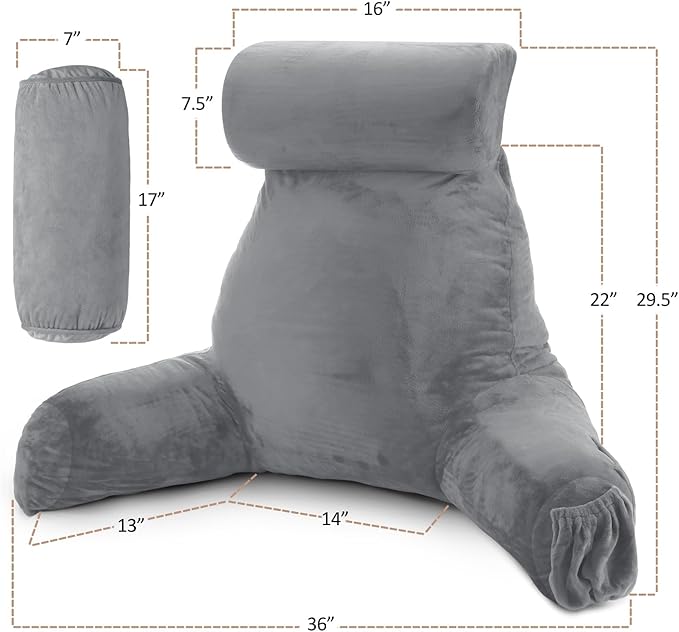Nestl Reading Pillow with Shredded Memory Foam Includes 2 Neck and Lumber Support Pillows, Designed for Sitting Up in Bed and Couch, Back and Arms Adjustable Support for Adult & Teens, Grey
