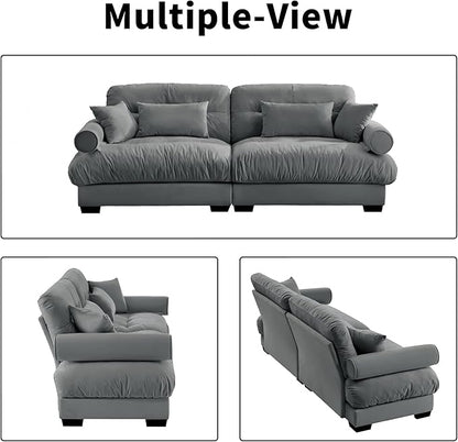 93.7” Oversized Grey Velvet Loveseat Sofa, Deep Seat 2-Seater Modular Sectional Couches for Living Room with 4 Pillows, Cloud Home Sofas Set, Love Seat Couches