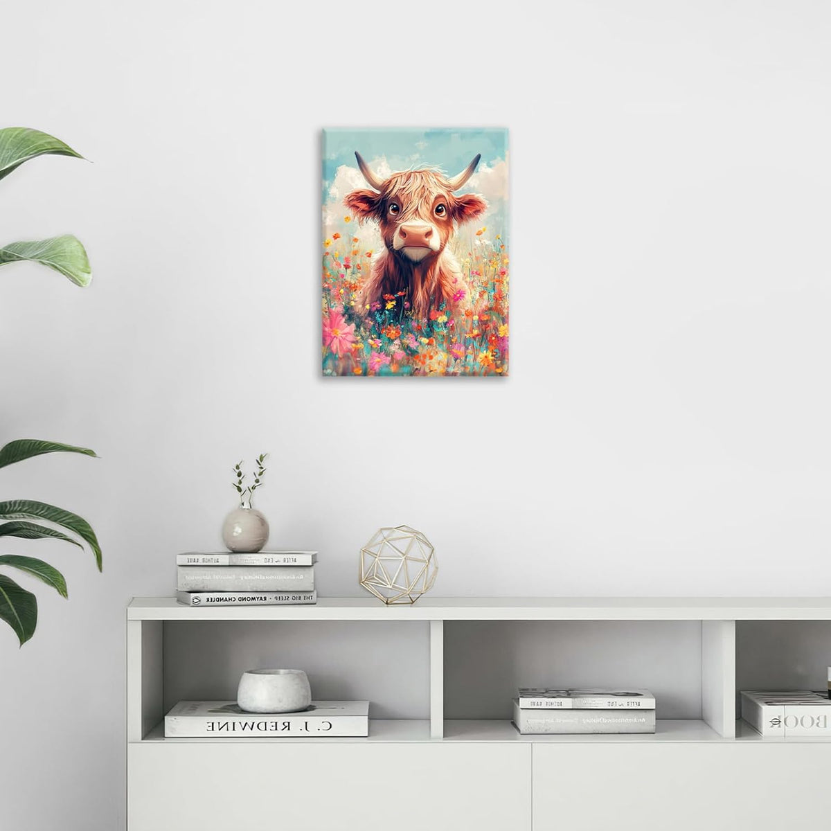 Highland Cow Wall Art Canvas Flower Cattle Wall Decor Prints Framed Painting Animal Pictures Gifts Artwork for Bathroom Living Dining Kitchen 16"x20"