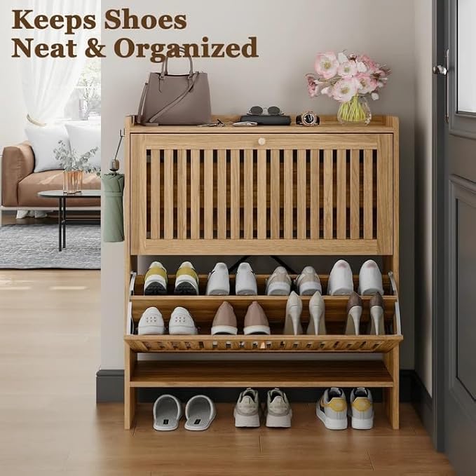 wanan 31.5" Shoe Cabinet with 2 Flip Slatted Drawers, Adjustable & Removable