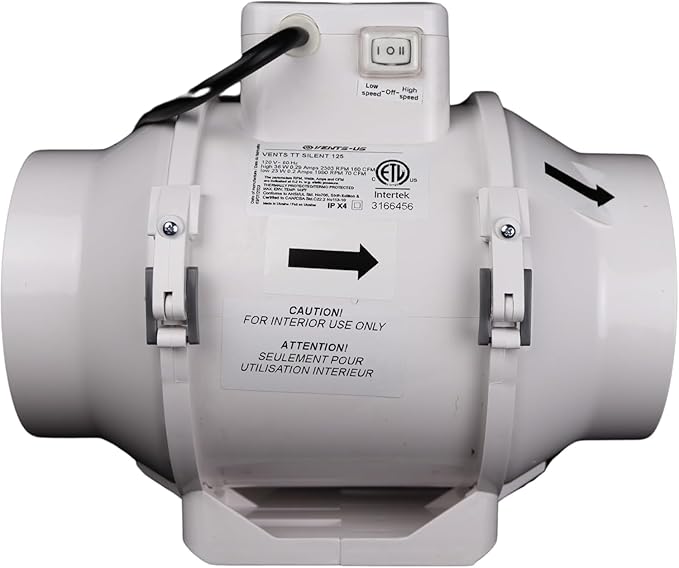 VENTS-US TT Silent 125-5" Inline Duct Fan, 199 CFM, 2-Speed Built-In Switch