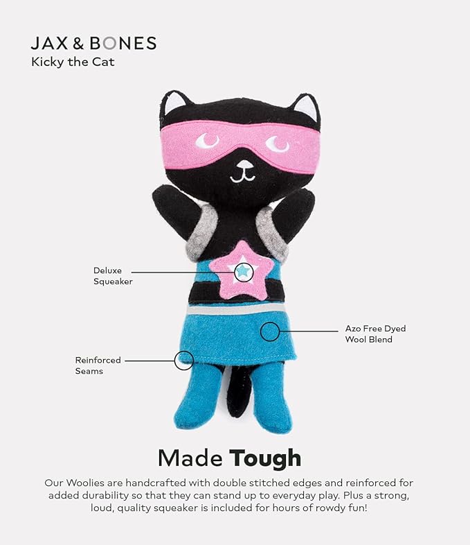 Jax & Bones Squeaky Dog Toys - 11" Tough Wool Squeak Toy for Dogs - Reinforced Seams for Moderate Chewers | Kicky The Cat
