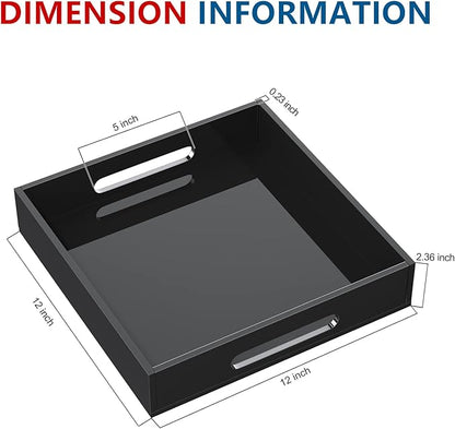 Acrylic Serving Tray with Handles-12x12x2.36Inch-Decorative Tray Letter Tray Organizer for Ottoman Coffee Table Countertop, Black