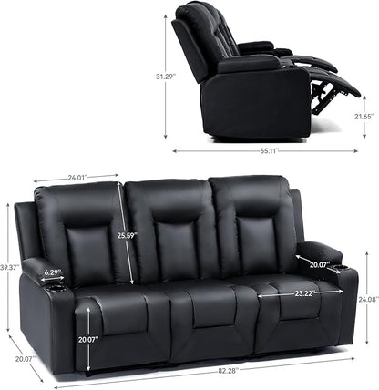 LUCKLIFE Leather Recliner Sofa Set with Manual Recliners,Living Room Furniture Set with Reclining Couch,Loveseat and Armchair,Living Room Chair with Cup Holders,Black (3+1)