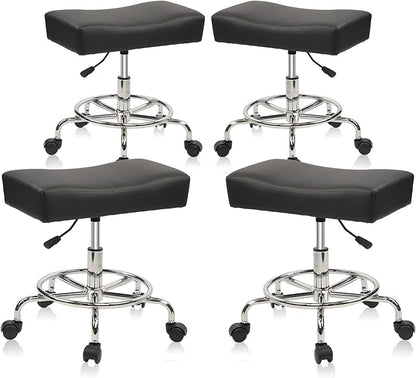 Heavy Duty, Extra Wide Rolling Stool PU Leather Thickened Seat Cushion with Foot Rest Adjustable Height Swivel with Wheels for Spa Salon Tattoo Work Massage Barstool, Black, 4 Pack
