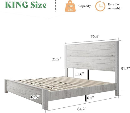 AMERLIFE King Size 51.2" Wood Bed Frame, Rustic Platform Bed with Spliced Headboard, Wood Slats Support/No Box Spring Needed/Noiseless/Antique White
