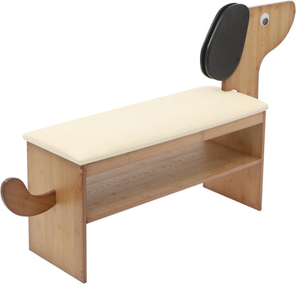 Cute Dog Shoe Bench with Cushion, 51.6”L x 11.8”W Puppy Shoe Storage Bench Beige 2-Tire Bamboo Shoes Rack Bench for Entryway Living Room Hallway Bedroom 220Lbs Load Capacity