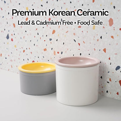 Hello Bowl Elevated Ceramic Cat Bowl with Stand, Raised Whisker-Friendly Feeding Bowl for Cats & Small Dogs, Patented Design, Made in Korea (3.9" H - Gray&Pink, Round/Wet)
