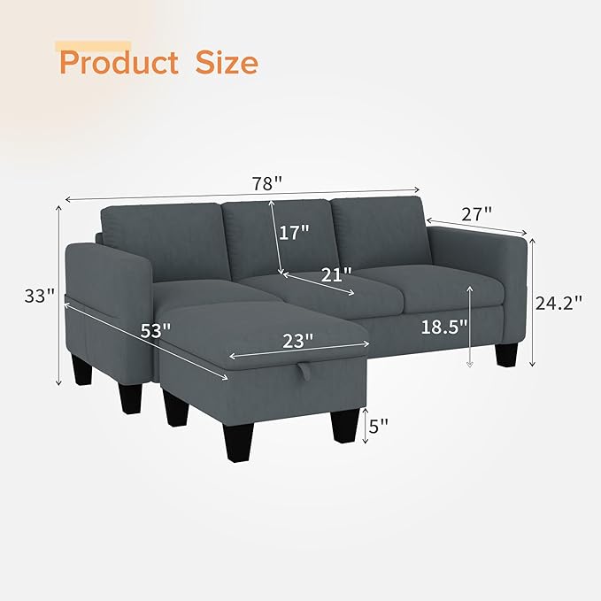 Sectional Sofa Couches for Living Room - 78''Convertible Modular Three-Seater L-Shaped Pet-Friendly Couch,Washable Sofa Cover-Bench Storage, Suitable for Small Living Room, Apartment,Office-Blue-Gray