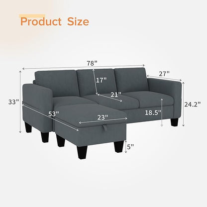 Sectional Sofa Couches for Living Room - 78''Convertible Modular Three-Seater L-Shaped Pet-Friendly Couch,Washable Sofa Cover-Bench Storage, Suitable for Small Living Room, Apartment,Office-Blue-Gray