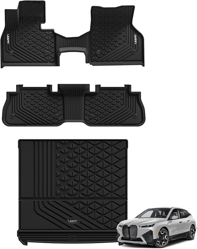 LASFIT Floor Mats & Cargo Liner for BMW IX 2022-2024 2025 2026 xDrive45 xDrive50 xDrive60 M60 M70, All Weather Protection Floor Liners, TPE Car Mat for BMW Accessories 1st & 2nd Row & Trunk Full Set