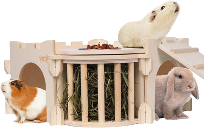 Large Guinea Pig Castle, Natural Wood Rabbit House with Ladder and Hay Feeder, Small Animal Hideout for Rabbit Guinea Pig Hedgehog Chinchilla