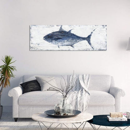 Yihui Arts Canvas Wall Art Hand Painted Abstract Tuna Fish Painting Modern Artwork Coastal Pictures in Blue and White Color for Bedroom Decoration