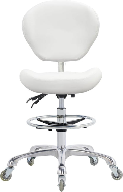Grace&Grace Drafting Chair Adjustable Tall Shop Stool, Rolling Stool with Back Support for Studio, Classroom, Lab, Counter, Medical (White)