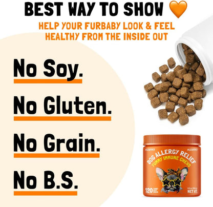 Allergy Relief Chews for Dogs & Immune & Digestive Supplement with Wild Salmon Oil Kelp Colostrum Turmeric Probiotics & Bee Pollen for Seasonal Allergies Anti Itch, Skin Hot Spots 120 Soft Treats