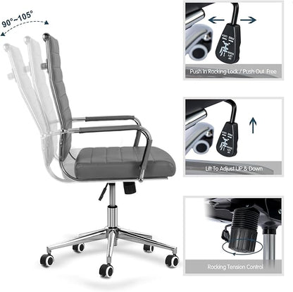 BOWTHY Home Office Chair Ribbed, Modern Leather Conference Waiting Room Chairs,Ergonomic Office Desk Chair, High Back Executive Computer Chair, Adjustable Swivel Chair with Arms (Gray)