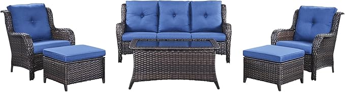 Rilyson Outdoor Patio Wicker Furniture Set - 6 Piece Rattan Patio Conversation Sectional Sofa Set with 1 Couch,2 Armchairs,2 Ottomans and 1 Glass Top Coffee Table for Porch Deck Garden(Brown/Blue)