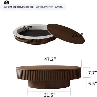 FGXJY Oval Coffee Table with Storage, Modern Walnut Coffee Table with Solid Wood Veneered, Fluted Center Table Wood Drum Tea Table for Living Room Apartment, 47.2''L×23.6''W×14.2''H
