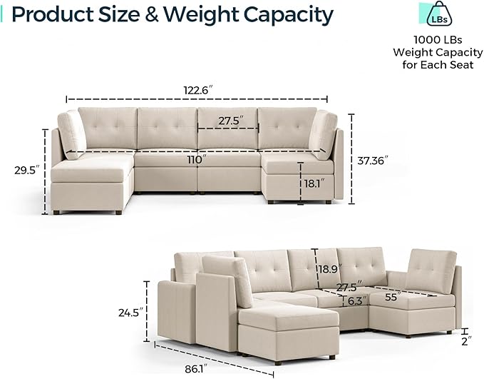 LINSY HOME Modular Sectional Sofa Oversized, Removable Cover Living Room Couches with Storage Deep Seat & Ottoman Chaise L/U Shaped Sofa Modern Couch (Beige, 6 Seats & 1 Ottoman)