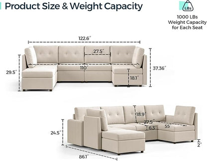 LINSY HOME Modular Sectional Sofa Oversized, Removable Cover Living Room Couches with Storage Deep Seat & Ottoman Chaise L/U Shaped Sofa Modern Couch (Beige, 6 Seats & 1 Ottoman)