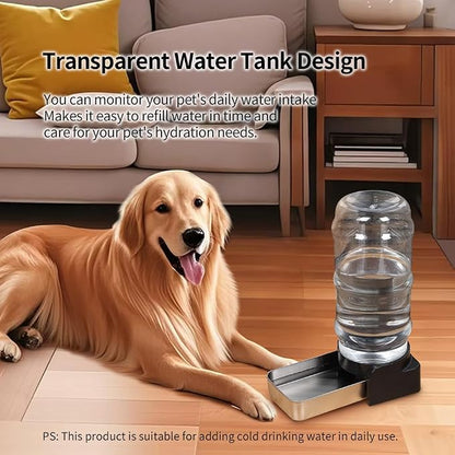 PAKEWAY 2.4 Gallon Gravity Dog Water Dispenser for Large Dogs and Multi-Pet Homes, Automatic Pet Waterer with Stainless Steel Bowl, Transparent Tank and 3 Filters, 9L