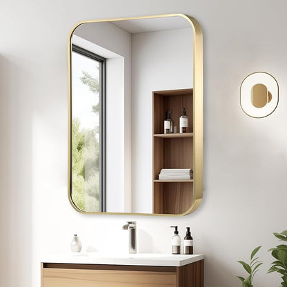 22x30 Inch Gold Bathroom Mirror, Brushed Gold Metal Framed Rectangular Mirror