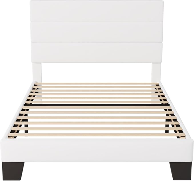 Allewie Twin Size Platform Bed Frame with Velvet Upholstered Headboard and Wooden Slats Support, Fully Upholstered Mattress Foundation/No Box Spring Needed/Easy Assembly, White
