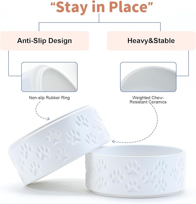 SPUNKYJUNKY Ceramic Dog Bowls 2 Pack, 7.3'' Dog Food Water Double Feeding Bowls Non-Slip for Medium to Large Sized Breed Microwave Dishwasher Safe - 42 OZ, 2pcs, Paw White