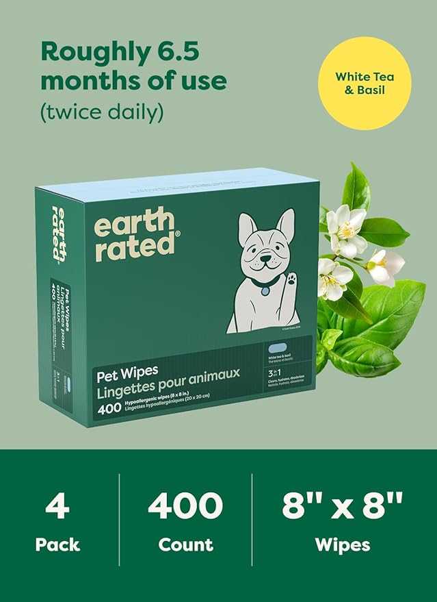 Earth Rated Pet Wipes for Dogs and Cats, Hypoallergenic, 3-in-1 Cleaning