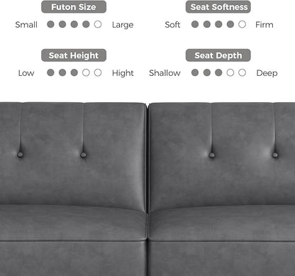 89” Futon Sofa Bed,Futon Couch Bed with 2 Square Pillows,Convertible Sleeper Sofa with Adjustable Backrest& Armrests, Modern Loveseat Sleeper for Living Room, Bedroom,Faux Leather Light Gray