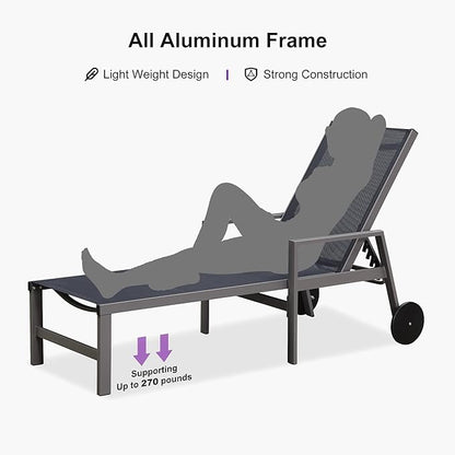 PURPLE LEAF Outdoor Chaise Lounge Set for 2 Aluminum Patio Chaise Lounger Chairs with Armrest and Wheels Adjustable Pool Chaise Lounge Chair for Beach Yard Poolside Table Included, Navy Blue