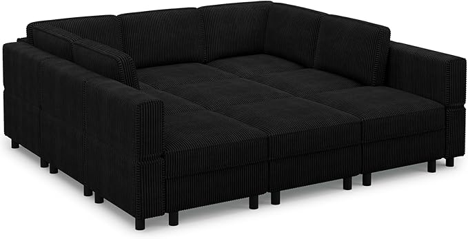 9 Seat Modular Sectional Sofa Sleeper Couch with Deep Storage Seat Corduroy Sectional Sofa Bed for Living Room,Black