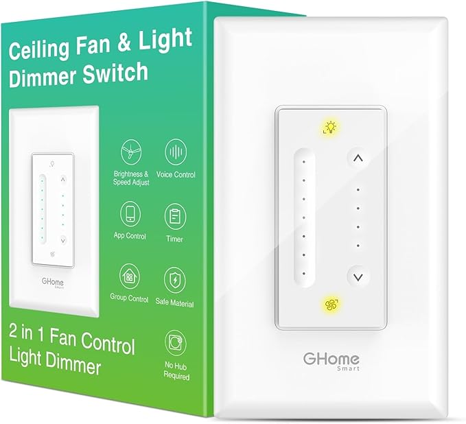 GHome Smart Dimmer Switch with 4-Speed Ceiling Fan Control, Ceiling Fan and