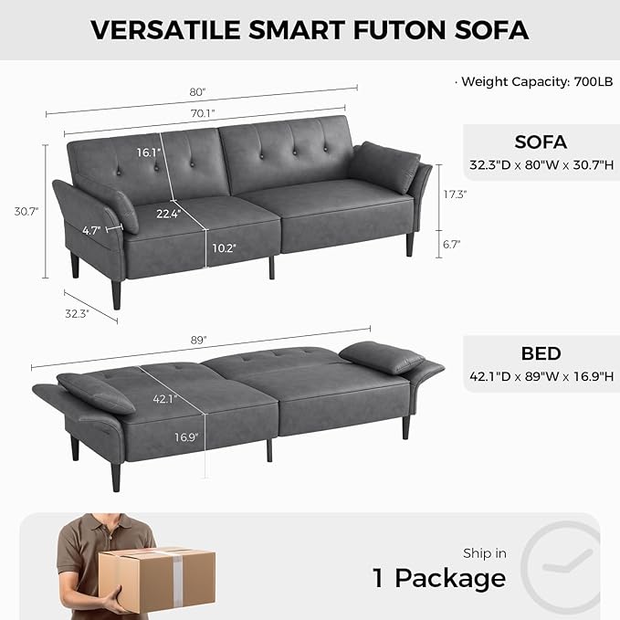89” Futon Sofa Bed,Futon Couch Bed with 2 Square Pillows,Convertible Sleeper Sofa with Adjustable Backrest& Armrests, Modern Loveseat Sleeper for Living Room, Bedroom,Faux Leather Light Gray