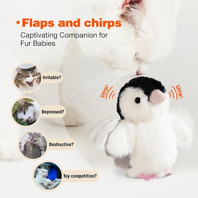 Interactive Cat Toy Rechargeable Automatic Chirping Penguin Bird Cat Toy Infused with Catnip in The Wings, Auto Beating Wings Kitten Toy for Indoor Cats to Play Alone, Never Boredom
