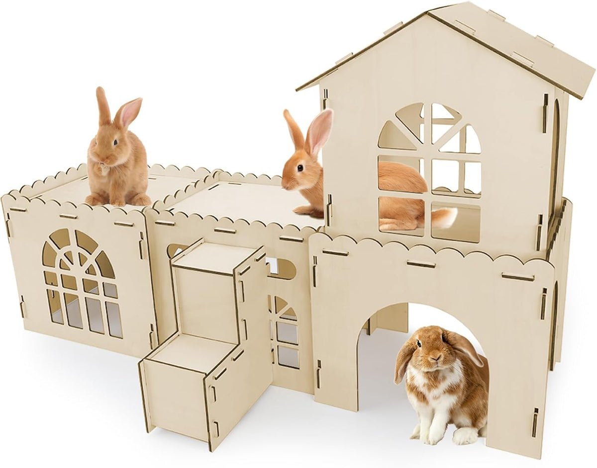 YUEPET Extra Large Wooden Rabbit Hideout Castle Detachable Bunny Tunnel Hut with Ramp Small Animal Houses & Habitats for Outdoor Indoor Rabbit Guinea Pig Chinchilla Ferret Hamster to Rest Hideawy Play