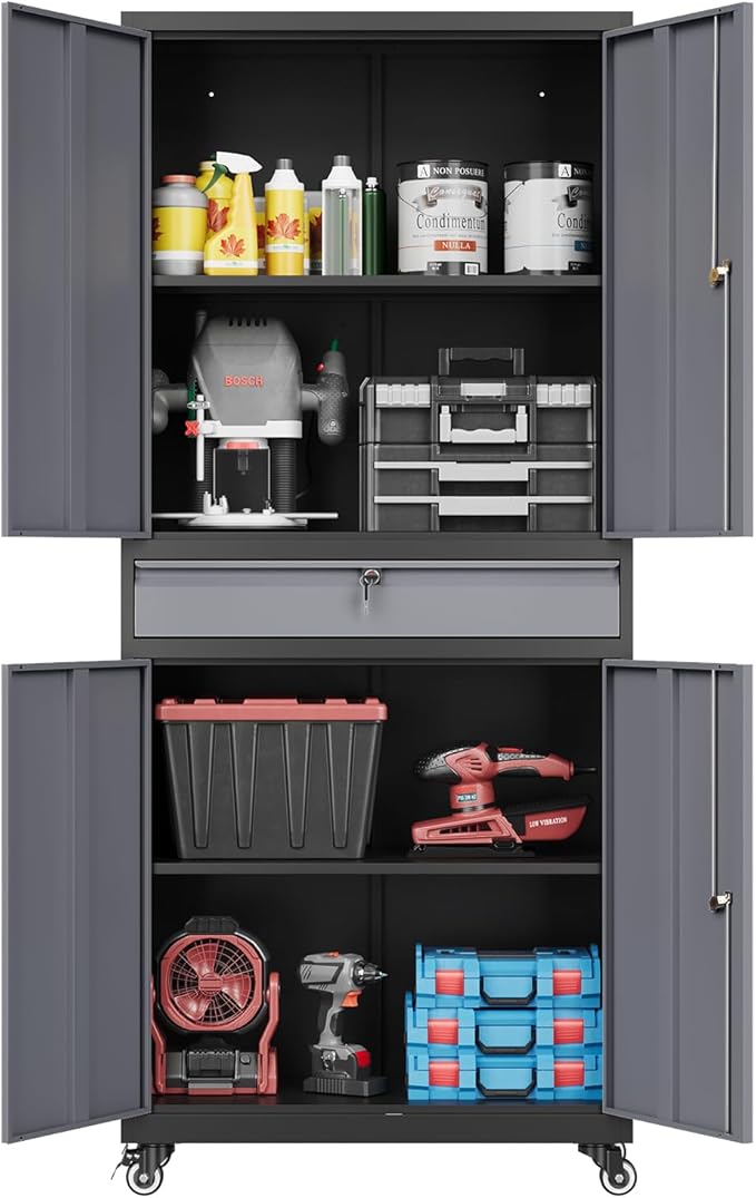73" Metal Cabinet-Black&Gray Heavy Duty Rolling Storage Cabinet Steel Tool