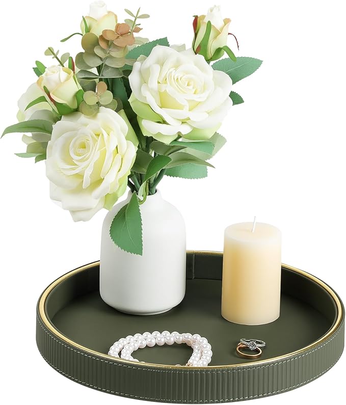 Round Decorative Tray for Coffee Table Decor, PU Leather Coffee Table Tray Golden Trim for Home Decor Living Room Dining Table, Perfume Trays Nightstand Organizer (Green)