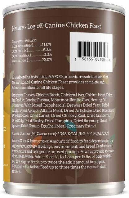 Nature's Logic Grain-Free Canned Dog Food - 95% Animal Proteins - 100% Natural Wet Dog Food Cans - No Common Allergens - All Life Stages - Ideal for Sensitive Dogs - Chicken (13.2 oz, 12 pack)