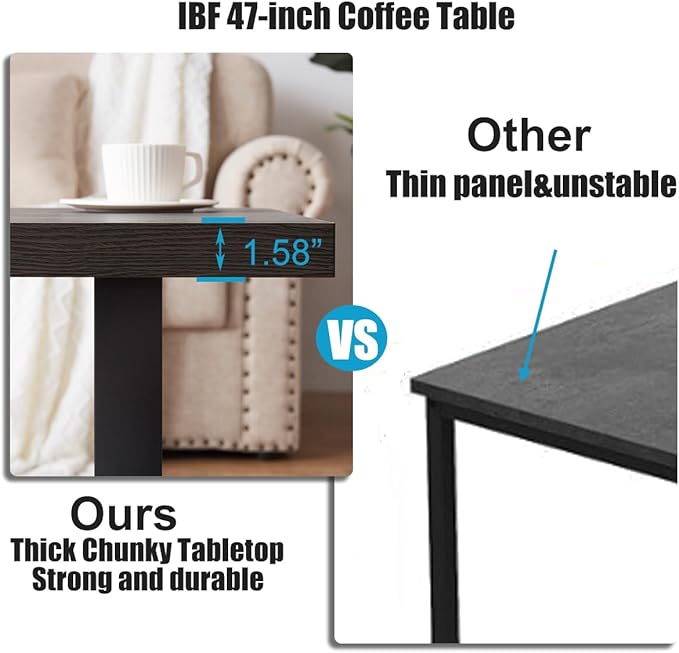 IBF Rustic Coffee Table, Wood and Metal Simple Industrial Modern Center Table, Minimalist Rectangle Wooden Farmhouse Cocktail Table for Living Room, Dark Gray Oak, 47 Inch