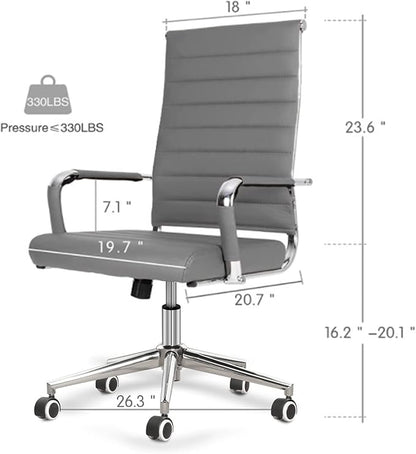 BOWTHY Home Office Chair Ribbed, Modern Leather Conference Waiting Room Chairs,Ergonomic Office Desk Chair, High Back Executive Computer Chair, Adjustable Swivel Chair with Arms (Gray)