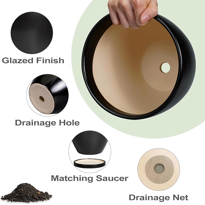 8 Inch Plant Pot - Ceraimc Planter for Indoor Outdoor Plants, Round Flower Pots with Drainage and Tray, House Decor, Black