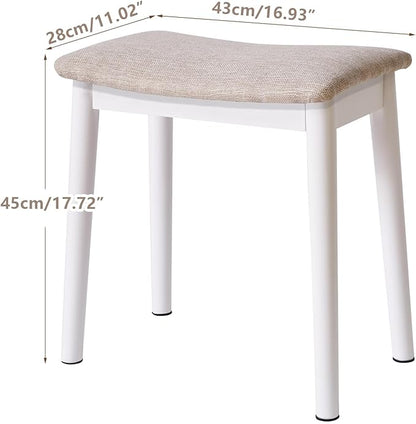 IBUYKE Saddle Cushion Vanity Stool Chair, Foot Rest Stool with Solid Wood Legs, Modern Vanity Bench Ottoman for Piano, Upholstered Seat for Bedroom, Entryway, White Legs&Light Linen WBD007WY