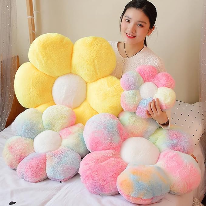 lannery Flower Plush Throw Pillows, Flower Floor Pillow Seating Cushion Toy for Reading, Room, Watching TV (25.6", White-2)