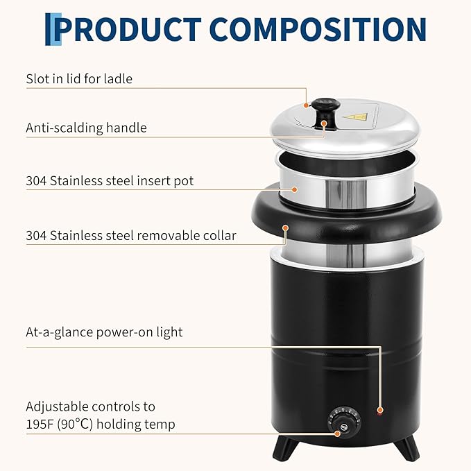Commercial Electric Soup Kettle Warmer – 10L/11Qt Stainless Steel Pot