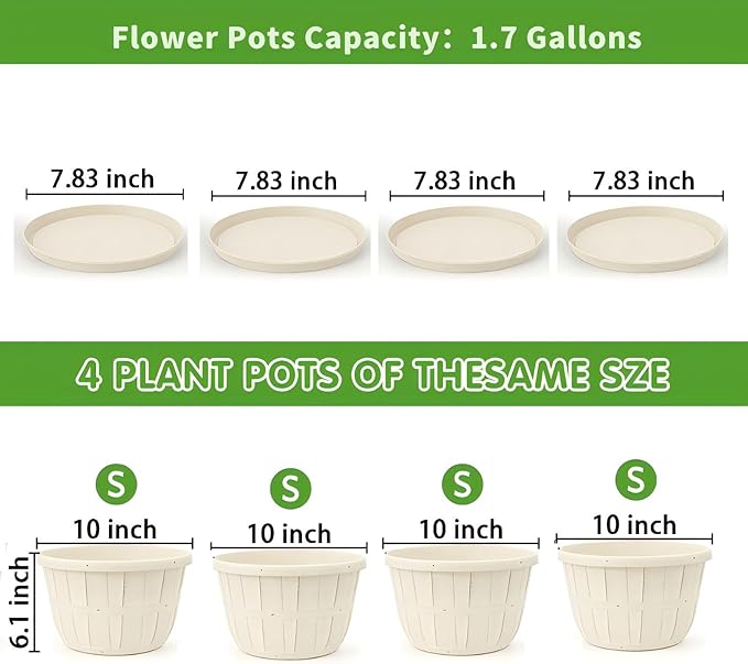 Quarut 10 inch Plastic Flower Pots for Indoor Plants，4 Pack Large Outdoor Planter Pot with Drainage Holes & Saucers，Imitation Wine Barrel Design，for Indoor Outdoor Garden Plants（White）